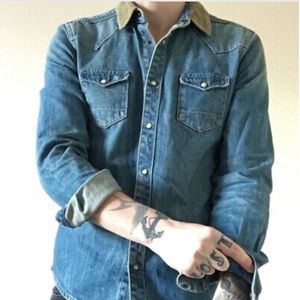 All Saints Men Denim Western Bedford Reed Shirt Pearl Snap Sz L